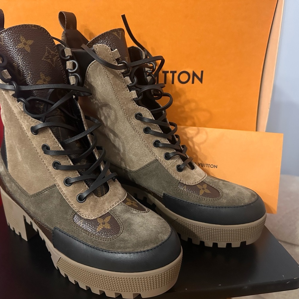 Louis Vuitton Green and Black Combat Boots with Rugged Sole